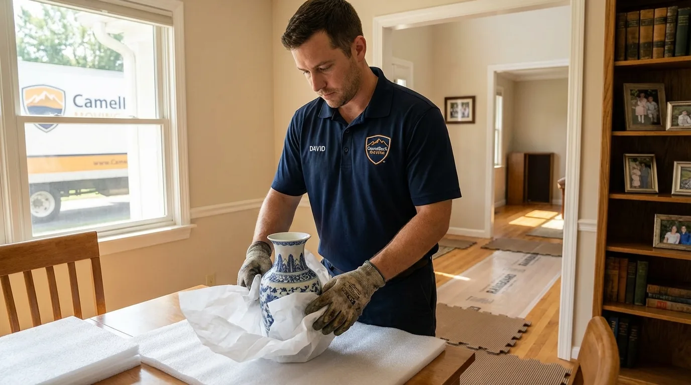Professional crew carefully wrapping antique vase for senior downsizing move in Fox Lake, IL